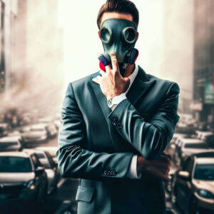 man thinking with gas mask